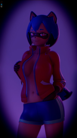 anthro blue_body blue_eyes blue_hair breasts brown_body brown_fur clothed clothing female fluffy fluffy_tail fur hair looking_at_viewer solo tail hel brand_new_animal studio_trigger michiru_kagemori canid canine mammal raccoon_dog tanuki 3d_(artwork) 4k 9:16 absurd_res digital_media_(artwork) hi_res