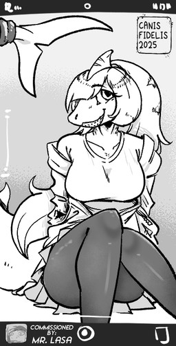 anthro biped bottomwear breasts clothed clothing female fin front_view grin hair head_fin jacket legwear long_hair long_tail looking_at_viewer medium_breasts pantyhose shirt sitting sitting_on_ground skirt smile solo tail tail_fin topwear canisfidelis aquatic fish lemon_shark requiem_shark shark 2025 black_and_white monochrome