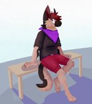 anthro barefoot belt black_body black_clothing black_fur black_nose black_shirt black_t-shirt black_topwear blue_background blue_belt bottomwear brown_eyebrows brown_eyes claws clothed clothing eyebrows feet finger_claws fully_clothed fur furniture hair hindpaw inner_ear_fluff kerchief male male_anthro neckerchief neckwear on_table paws plantigrade purple_kerchief purple_neckerchief red_bottomwear red_clothing red_hair red_inner_ear_fluff red_shorts shirt shorts simple_background sitting sitting_on_table smile snout solo t-shirt table tail tan_body tan_fur toe_claws topwear tuft whisker_spots jaspering lukas_solshepherd canid canine canis domestic_dog german_shepherd herding_dog mammal pastoral_dog 2017 digital_media_(artwork) digital_painting_(artwork) full-length_portrait portrait shaded watermark