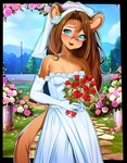 anthro armwear blush bouquet breasts brown_body brown_fur brown_hair clothing dress elbow_gloves female flower fur gloves green_eyes hair handwear plant small_breasts solo tail wedding_dress wedding_veil sicmop dakota_(kittyprint) cougar felid feline mammal absurd_res hi_res