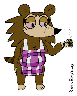 anthro apron beverage clothing coffee coffee_mug container cup exhausted eyelashes feet female freckled_face freckles long_eyelashes mug overweight pattern_clothing plaid plaid_clothing solo tail tired tired_eyes roxyreviews animal_crossing garfield_(series) nintendo garfield_the_cat sable_able eulipotyphlan hedgehog mammal