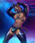 abs anthro areola biped braided_tail bulge ear_piercing eyebrows facial_piercing fingers harness male muscular muscular_anthro muscular_male navel nipple_piercing nipples nose_piercing pecs piercing smile solo tail apple-faced equid equine horse mammal 2024 hi_res