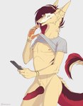 anthro chest_spike clothed clothing clothing_lift ear_piercing electronics eunuch genitals knot looking_at_viewer male partially_clothed penis phone piercing shirt shirt_lift smile solo spikes spikes_(anatomy) tail tail_tuft topwear tuft emil-gee niro_(niron) sergal hi_res