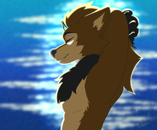 anthro black_body black_claws black_fur brown_body brown_fur claws eyes_closed fur glowing hair hands_behind_head light long_hair male multicolored_body neck_tuft relaxed_expression relaxing simple_background solo tan_body tan_fur teeth tuft water_background wdigni42 canid canine canis mammal wolf 6:5 absurd_res hi_res lighting watermark