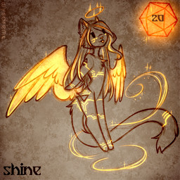 ambiguous_gender d20 dice ears_up feathered_wings feathers feral gold_wings hair halo holidays long_hair long_tail markings orange_band orange_dice solo tail wings wysdrem halloween felid feline hybrid mammal 1:1 hi_res
