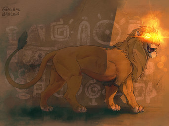 anatomically_correct anatomically_correct_genitalia animal_genitalia balls feral fire fully_sheathed genitals glowing glowing_eyes male muscular muscular_feral muscular_male open_mouth sheath side_view solo sun teeth general_barcode felid lion mammal pantherine 2018 digital_media_(artwork) hi_res