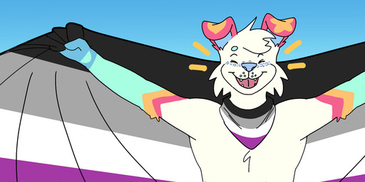 anthro asexual_pride_colors blue_background blue_markings cheek_tuft facial_tuft fangs flag flag_(object) floppy_ears front_view fur gloves_(marking) happy holding_flag holding_object kerchief lgbt_pride male male_anthro markings neckerchief neckwear open_mouth open_smile pride_colors red_markings red_tongue simple_background slim_anthro slim_male smile solo teeth tongue tuft white_body white_fur yellow_markings hardscales canid canine canis domestic_dog mammal hi_res