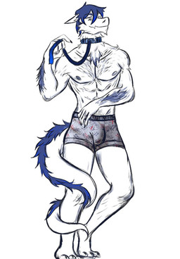 anthro bangs biped blue_hair bulge clothed clothed_anthro clothed_male clothing collar hair leash male male_anthro pose short_hair solo standing three-quarter_view underwear nestorloran mythology dragon mythological_creature mythological_scalie scalie digital_drawing_(artwork) digital_media_(artwork) full-length_portrait hi_res portrait restricted_palette shaded simple_shading sketch