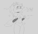 anthro blush breasts clothed clothing dialogue female naive question_mark skimpy solo text under_boob pubs_(artist) five_nights_at_freddy's five_nights_at_freddy's:_security_breach scottgames steel_wool_studios roxanne_wolf canid canine canis mammal wolf 2022 absurd_res digital_media_(artwork) english_text hi_res monochrome