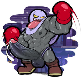 abs anthro balls big_penis bodily_fluids boxing_gloves clothing cum darkened_balls darkened_genitalia darkened_nipples darkened_penis footwear genital_fluids genitals glans gloves handwear huge_penis humanoid_genitalia humanoid_penis hyper hyper_genitalia hyper_penis jockstrap male muscular muscular_male nipples not_furry pecs penis pink_glans pink_tongue screencap screencap_background shoes solo sweat tongue underwear yellow_eyes hexdisciple mario_bros new_super_mario_bros. nintendo boo_(mario) broozer ghost spirit hi_res