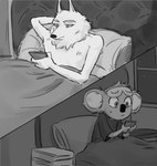 anthro bed bedroom blindfold duo electronics eyemask eyewear furniture hand_behind_head inside male mask phone pillow shirtless sitting sleep_mask texting lumise05 illumination_entertainment sing_(movie) buster_moon jimmy_crystal arctic_wolf canid canine canis koala mammal marsupial vombatiform wolf hi_res monochrome