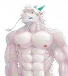 abs angel_dragon anthro barbel_(anatomy) blue_tongue clothed clothing dragon flesh_whiskers hi_res horn male muscular muscular_anthro muscular_male mythological_creature mythological_scalie mythology nipples pecs scalie sckhar simple_background solo tamazuki_akiyama tongue tongue_out topless white_background
