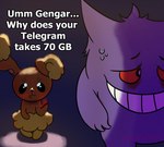 cellphone dialogue duo electronics female male nervous phone text sofiavisk nintendo pokemon telegram buneary generation_1_pokemon generation_4_pokemon gengar lagomorph leporid mammal pokemon_(species) rabbit absurd_res english_text engrish hi_res