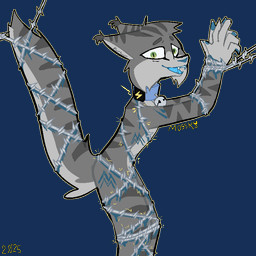 anthro barbed_wire bdsm bell bell_collar blood bodily_fluids bondage bound collar ear_tuft electricity fur grey_body grey_fur male shock_collar simple_background solo torture transparent_background tuft mossky felid feline mammal 1:1 aliasing alpha_channel digital_media_(artwork)