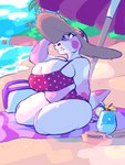 anthro beach beach_towel beverage big_breasts bikini blue_eyes breasts clothing detailed_background female hat headgear headwear non-mammal_breasts pink_body pink_scales plant scales seaside sitting slightly_chubby smile solo swimwear thick_thighs towel tree two-piece_swimsuit umbrella jinti animal_crossing nintendo gayle_(animal_crossing) alligator alligatorid crocodilian reptile scalie 2020 absurd_res hi_res