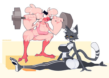 anthro barbell barefoot beak bent_legs big_breasts big_butt black_body black_fur black_hair blep bodily_fluids bra breasts butt cheek_tuft cleavage clothed clothing duo exercise eyelashes facial_tuft feather_hands feathers feet female flexible fur hair half-closed_eyes hands_on_ground inner_ear_fluff leggings legwear looking_back narrowed_eyes navel pink_body pink_feathers pink_hair simple_background splits sports_bra spread_legs spreading sweat tail tail_feathers talons toes tongue tongue_out tuft underwear weightlifting white_background white_body white_fur workout yellow_eyes yellow_sclera doodledox aza_(doodledox) bacardi_(muart242) avian bird domestic_cat felid feline felis mammal 2023 hi_res