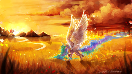 canterlot cloud crown detailed_background feathered_wings feathers female feral fur grass hair headgear horn jewelry landscape long_hair magic mountain multicolored_hair multicolored_tail necklace outside plant royalty running sky solo sun tail tiara white_body white_feathers white_fur wings aquagalaxy friendship_is_magic hasbro my_little_pony mythology princess_celestia_(mlp) ambient_bird equid equine mammal mythological_creature mythological_equine winged_unicorn 2014 hi_res signature