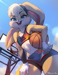 4_fingers anthro athletic athletic_anthro athletic_female ball basketball_(ball) basketball_hoop basketball_uniform blonde_hair blue_eyes bottomwear bra buckteeth clothed clothing eyelashes female fingers flat_chested floppy_ears fluffy fluffy_tail fur gloves hair handwear long_ears looking_at_viewer midriff multicolored_body multicolored_fur navel open_mouth scut_tail shirt short_tail shorts solo sports_bra sportswear tail tan_body tan_fur tank_top teeth text text_on_clothing text_on_shirt text_on_tank_top text_on_topwear topwear two_tone_body two_tone_fur underwear uniform white_body white_clothing white_fur white_gloves white_handwear popodunk looney_tunes warner_brothers lola_bunny lagomorph leporid mammal rabbit 2021 digital_media_(artwork) english_text signature