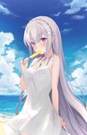 5_fingers bikini breasts clothing day dress female fingers food grey_hair hair holding_food holding_object humanoid_pointy_ears jewelry long_hair looking_at_viewer necklace not_furry outside popsicle purple_eyes seaside solo swimwear translucent translucent_clothing translucent_hair two-piece_swimsuit water echiru39 re:zero emilia_(re:zero) elf humanoid digital_media_(artwork) hi_res portrait shaded three-quarter_portrait