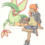 ambiguous_gender biped clothed clothing feral green_body group gym_leader hair male open_mouth open_smile shell smile tail trio wings koike_09 nintendo pokemon raihan_(pokemon) flygon generation_3_pokemon human mammal pokemon_(species) reptile scalie torkoal turtle 1:1 2019