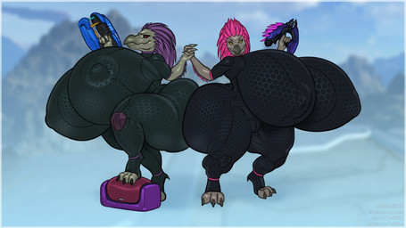 anthro big_breasts big_butt black_sclera breasts butt claws clothed clothing duo female hair hand_holding huge_breasts huge_butt huge_hips huge_thighs hyper hyper_breasts hyper_butt looking_at_viewer nipple_outline pink_hair purple_hair ranged_weapon red_eyes shortstack thick_thighs tight_clothing weapon wide_hips yellow_eyes borisalien halo_(series) microsoft xbox_game_studios alien avian kig-yar ruuhtian scalie 16:9 2025 digital_media_(artwork) hi_res widescreen