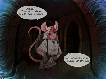 anthro clothed clothing dialogue dungeon female hair looking_at_viewer mouse_ears mouse_tail simple_background solo speech_bubble tail teeth tentacles text topwear yourumi tilly_(yourumi) mammal mouse murid murine rodent 4:3 comic digital_media_(artwork) english_text