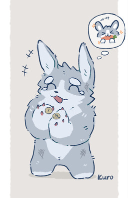 ambiguous_gender bodily_fluids border carrot claws coin countershading ears_up emanata empty_eyes eyes_closed feral fluffy food fur gloves_(marking) grey_body grey_fur markings open_:3 open_mouth open_smile paws plant scratch_mark scratches simple_background smile solo standing tan_background tears text thought_bubble tuft vegetable white_body white_border white_fur kuromonsart lagomorph leporid mammal rabbit 2025 artist_name digital_media_(artwork) hi_res shaded simple_shading