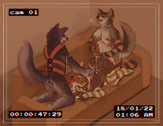 all_fours anal animal_genitalia animal_penis anthro antler_grab antlers arm_warmers armwear blush bodily_fluids breasts breath butt butt_grab camera_view canine_genitalia canine_penis clothing countershading cum cum_drool cum_in_mouth cum_inside cum_while_penetrated eyes_closed fellatio furniture genital_fluids genitals group group_sex gynomorph gynomorph/male gynomorph_penetrating gynomorph_penetrating_male hand_on_butt harness horn inside intersex intersex/male intersex_penetrating intersex_penetrating_male irrumatio kneeling legwear male male/male male_penetrated nipples oral penetration penile penis penis_in_mouth raised_tail sex sofa spitroast spots tail tail_grab text thigh_highs threesome trio menyka canid canine canis deer hybrid mammal mustelid otter wolf absurd_res digital_media_(artwork) digital_painting_(artwork) english_text hi_res painting_(artwork)