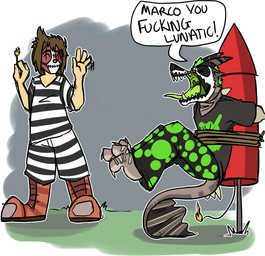 anthro black_bottomwear black_clothing black_nose black_pants black_shirt black_t-shirt black_topwear bottomwear clothing clown duo eyes_closed fangs fire green_bottomwear green_clothing green_pants green_spots green_tongue green_topwear grey_body grey_tail horn male open_mouth pants pattern_bottomwear pattern_clothing pattern_pants pattern_shirt pattern_t-shirt pattern_topwear rocket shirt speech_bubble spots spotted_bottomwear spotted_clothing spotted_pants striped_bottomwear striped_clothing striped_pants striped_shirt striped_t-shirt striped_topwear stripes t-shirt tail tan_body tan_skin teeth text tongue tongue_out topwear white_bottomwear white_clothing white_pants white_shirt white_t-shirt white_topwear swampjaws human mammal english_text