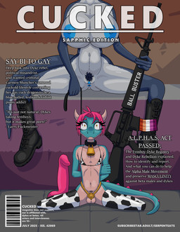 anthro anus balls barcode barcode_tattoo big_breasts breasts chastity_cage chastity_device chastity_strap collar dildo dominant dominant_female duo female genitals gun hair homophobia homophobic_slur larger_dom leash leashed_collar male male/female navel nipples non-mammal_balls non-mammal_breasts non-mammal_navel non-mammal_nipples non-mammal_vulva orange_lesbian_pride_colors orientation_play pink_hair profanity pubes questionable_consent ranged_weapon sex_toy size_difference submissive submissive_male tattoo text vulva weapon serpenteats mythology carmen_muncher_(serpenteats) dinosaur dragon mythological_creature mythological_scalie prehistoric_species reptile saurischian scalie theropod absurd_res cover english_text hi_res magazine_cover