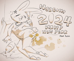 accessory anthro blush blush_lines brown_fart_cloud bubble butt champagne_bottle champagne_glass cheers clothing container cup dress drinking_glass drunk drunk_bubble fart fart_cloud female glass glass_container glass_cup hair_accessory holidays jewelry lying motion_lines necklace on_ground on_side open_mouth open_smile rabbit_ears scut_tail short_tail simple_background smile solo substance_intoxication tail text wall_socket white_background jubb new_year new_year_2024 lagomorph leporid mammal rabbit 2024 artist_name