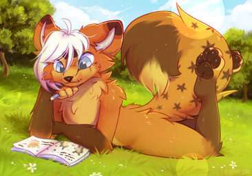 4_toes ambiguous_anthro ambiguous_gender anthro blue_eyes book brown_body brown_fur brown_markings brown_pawpads brown_tail cheek_tuft facial_tuft fangs feet fur hair lying markings mouth_closed nude on_front orange_body orange_fur orange_tail outside pawpads paws plant soles solo star_(marking) tail teeth the_pose toes tree tuft white_hair bloominglynx canid canine mammal digital_drawing_(artwork) digital_media_(artwork) hi_res