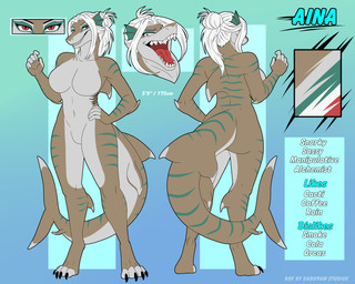 anthro breasts featureless_breasts featureless_crotch female hair multicolored_body navel non-mammal_breasts non-mammal_navel red_eyes solo stripes tan_body two_tone_body white_hair darkpawstudios yoko_darkpaw aina_dagurmawth aquatic fish shark 5:4 absurd_res hi_res model_sheet herm_(lore)