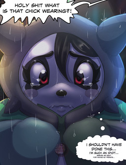 anthro black_hair bodily_fluids cheek_spots clothing cosplay costume crying dialogue eyelashes fangs female hair outside pokemon_costume raining red_eyes self_degradation solo tears teeth text thought_bubble year lunarclaws nintendo pokemon maeve_(lunarclaws) bear generation_9_pokemon giant_panda legendary_pokemon mammal ogerpon pokemon_(species) 2023 absurd_res english_text hi_res watermark