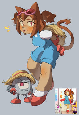 1_eye anthro blush blush_lines breasts brown_hair clothed clothing duo eyewear eyewear_on_head female footwear frown fur gloves goggles goggles_on_head grey_background hair hand_on_hip hand_on_own_hip hands_behind_back handwear hat headgear headwear leaning leaning_forward looking_at_viewer machine magenta_eyes male ponytail shirt shoes short_overalls simple_background socks straw_hat t-shirt tail tan_body tan_fur tongue tongue_out topwear wearing_hat sokalisalini gameoverse glitch_productions kaboodle_(gameoverse) kit_bodega domestic_cat felid feline felis mammal robot sphere_creature waddling_head 2026 digital_drawing_(artwork) digital_media_(artwork) hi_res reference_image