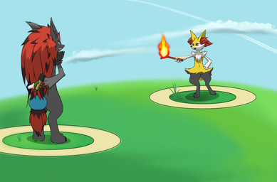 3_toes 4_fingers 4_toes ambiguous_gender anthro blue_eyes cloud duo ear_tuft elemental_manipulation explosives feet fingers fire fire_manipulation fur gameplay_mechanics grass grass_field green_body green_fur grenade grey_body grey_fur hair holding_object holding_stick inner_ear_fluff long_ears long_hair markings orange_eyes paws plant pokemon_battle red_hair sky skyscape stick tail tail_markings text toes tuft weapon white_body white_fur yellow_body yellow_fur kyshan_(artist) nintendo pokemon braixen canid canine floragato generation_5_pokemon generation_6_pokemon generation_9_pokemon mammal pokemon_(species) zoroark absurd_res english_text hi_res female_(lore) male_(lore)