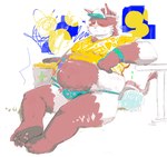 anthro belly blush bulge clothing crop_top fur hat headgear headwear male navel one_eye_closed overweight pawpads pink_body pink_fur shirt sitting solo speedo swimwear topwear visor_cap renal96634849 tamacolle bungo_(tamacolle) domestic_cat felid feline felis mammal hi_res