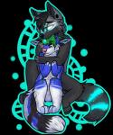 abstract_background anthro bodily_fluids crying cuddling duo empty_eyes female fur glowing male male/female neon tears nezuney fjola raycoon canid canine canis domestic_cat felid feline felis lynx mammal wolf hi_res