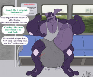 5_fingers ambiguous_gender ambiguous_prey anthro big_penis bodily_fluids boxers_(clothing) clothing cock_vore dialogue electronics feet fingers genital_fluids genitals greeting group huge_penis hyper hyper_genitalia hyper_penis leaking_precum looking_at_genitalia looking_at_object looking_at_penis male membrane_(anatomy) muffled muffled_screaming multiple_prey muscular muscular_anthro muscular_male nipples onomatopoeia penile penis phone precum purple_body purple_eyes purple_penis purple_skin shirt sign solo sound_effects speech_bubble tank_top text toes topwear train trio underwear vehicle vore webbed_feet kiuhkobold nintendo pokemon yoru_(retrodeadpool) generation_6_pokemon greninja mammal pokemon_(species) 2023 english_text hi_res signature