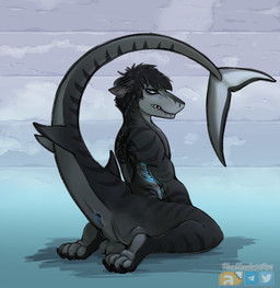 anthro anus balls claws genitals hair kneeling looking_at_viewer male raised_tail solo tail thecluelessfox aquatic fish shark hi_res