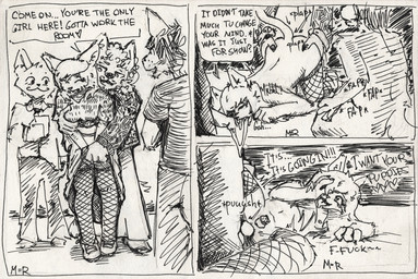anthro bodily_fluids bottomwear chastity_cage chastity_device clothed clothing comic_panel crop_top cum cum_in_mouth cum_inside curly_hair denim denim_bottomwear denim_clothing dialogue facial_hair fishnet_clothing fishnet_legwear fondling fully_clothed genital_fluids genitals group gynomorph hair heart_eyes heart_symbol inside intersex intersex/male jacket jeans knot knotted_penis legwear long_hair long_skirt looking_at_another lying male masturbation moan mustache nude on_back pants penis purring questionable_consent raised_bottomwear raised_clothing raised_skirt shirt skirt speech_bubble standing text topwear motherfucker_=_receiver holm_holm canid canine canis domestic_cat domestic_dog felid feline felis mammal 2024 english_text hi_res sketch traditional_media_(artwork) trans_(lore)