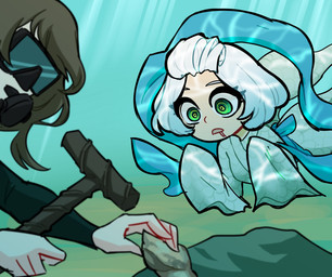 ambiguous_gender brown_hair diving_mask duo female green_eyes hair hammer looking_at_food looking_at_object mask scuba_diver scuba_gear scuba_suit tools underwater water white_hair centurii-chan_(artist) animal_humanoid aquatic aquatic_humanoid asian_sheepshead_wrasse fish fish_humanoid human humanoid mammal wrasse hi_res