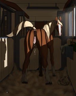 animal_genitalia animal_vulva anus bodily_fluids clothing clothing_aside ear_piercing facial_piercing female feral genital_fluids genitals hay hay_bale hooves inside inviting nose_piercing piercing raised_tail solo stable tail transformation vaginal_fluids vulva mel_vixen_(artist) draft_horse equid equine horse mammal shire absurd_res hi_res