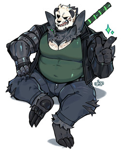 anthro barazoku beard clothing facial_hair jacket male mechanical_arm muscular muscular_male overweight overweight_anthro overweight_male sitting solo topwear graysheartart nintendo pokemon bear generation_6_pokemon giant_panda mammal pangoro pokemon_(species) absurd_res hi_res