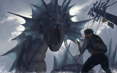 ambiguous_gender backpack cellphone clothed clothing duo electronics fangs feral gaping_mouth male nightmare_fuel open_mouth phone power_lines realistic red_eyes teeth utility_pole wlop nintendo pokemon pokemon_go generation_1_pokemon gyarados human mammal pokemon_(species) sea_monster hi_res