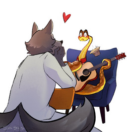 acoustic_guitar aloha_shirt anthro blush chair clothing duo feral fur furniture guitar hat headgear headwear heart_symbol male musical_instrument pattern_clothing pattern_shirt pattern_topwear plucked_string_instrument scales shirt simple_background string_instrument tail tail_motion tailwag topwear sik_skis dreamworks the_bad_guys mr._snake_(the_bad_guys) mr._wolf_(the_bad_guys) canid canine canis mammal reptile scalie snake wolf colored digital_media_(artwork) hi_res