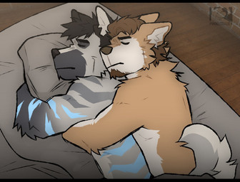 anthro beard bedding blanket clothed clothing cuddling duo facial_hair fur grey_body grey_fur hug hugging_object hugging_pillow male male/male male_anthro pillow slicked_back_hair stripes tan_body tan_fur topless topless_anthro topless_male doqofwar maggotnizer canid canine canis mammal wolf hi_res
