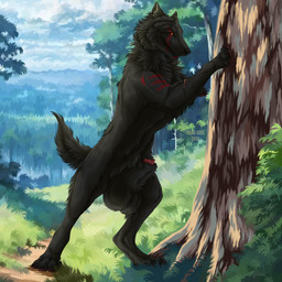 animal_genitalia balls big_balls big_sheath black_body black_fur black_nose black_tail brown_claws cheek_tuft claws facial_tuft feral fur genitals grass huge_balls huge_sheath leg_tuft looking_at_viewer male markings mouth_closed neck_tuft outside penis penis_tip plant red_eyes red_markings sheath shrub solo tail text tree tuft msdeadsoul canid canine mammal 1:1 2024 artist_name dated hi_res