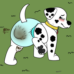blue_diaper blue_eyes blush blush_lines collar diaper embarrassed feces feral fur male markings narrowed_eyes nervous nervous_smile paws pooping pooping_diaper raised_tail smile soiled_diaper soiling soiling_diaper speech_bubble spots spotted_body spotted_fur tail text toony unclean_diaper used_diaper using_diaper white_body white_fur yourfur paw_patrol marshall_(paw_patrol) canid canine canis dalmatian domestic_dog mammal 1:1 hi_res