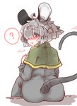 ahoge big_ears blush butt capelet clothed clothing dress female grey_hair hair hair_over_eye inner_ear_fluff looking_back one_eye_obstructed question_mark rear_view red_eyes short_hair sitting solo tuft sabitare touhou nazrin animal_humanoid humanoid mammal mammal_humanoid mouse_humanoid murid murid_humanoid murine murine_humanoid rodent rodent_humanoid absurd_res hi_res